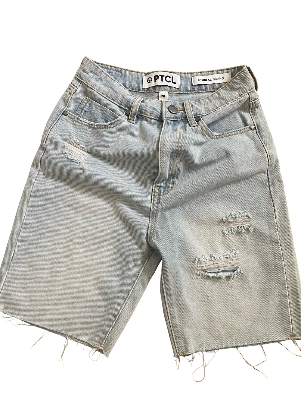 PTCL Ethikal Brand Distressed Bermuda Denim Shorts Light Wash Size 26